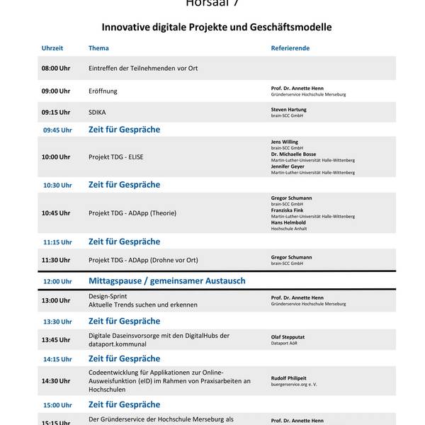 Agenda Tag 2 - Hörsaal 7 - Innovative digitale Projekte und Geschäftsmodelle